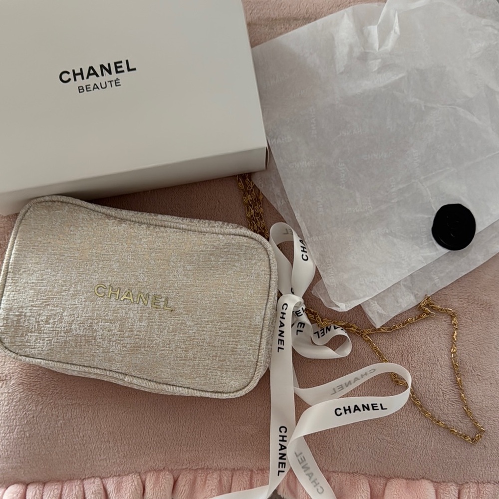 Chanel white & gold Women's travel make up cosmetic Bag